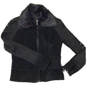 Suede & Wool Black Jacket with Fur Collar Zip Up